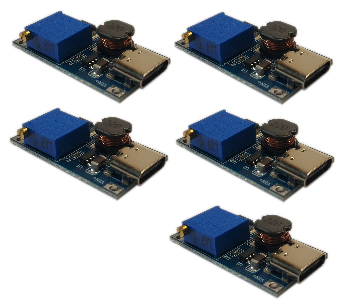 5x MT3608 USB-C : 2A DC-DC Step Up 2-24V : Adjustable Converter Boost Module